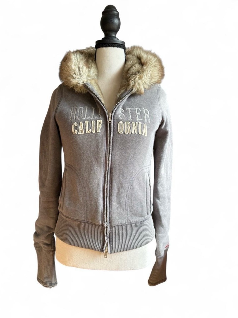VTG Y2K Hollister Faux Fur Lined Full Zip Hoodie Jacket Large Gray Bella Swan